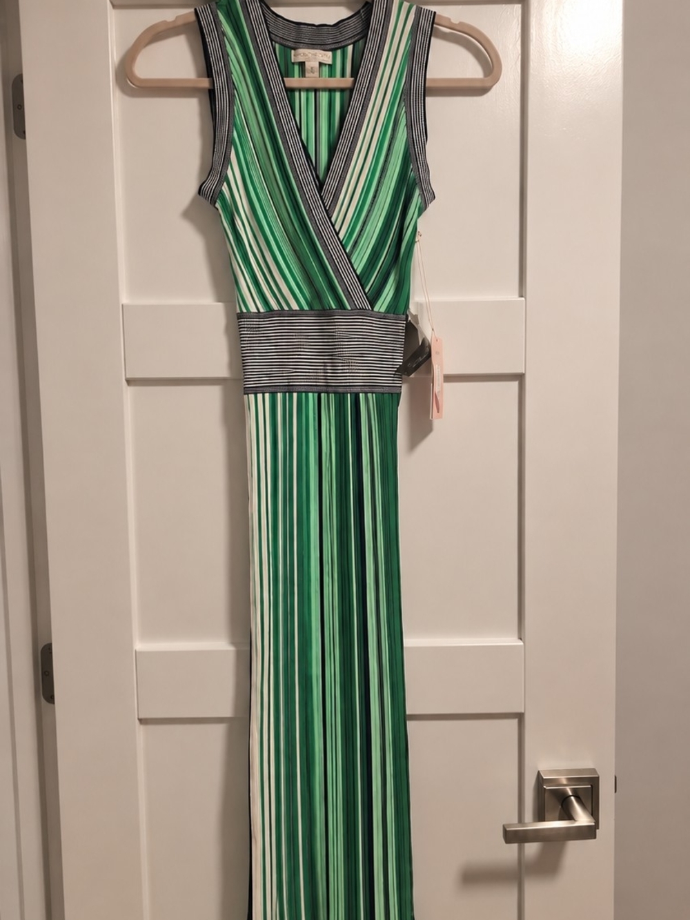 eva mendes for New York & Company Green, White and Black Striped Wrap Maxi Dress